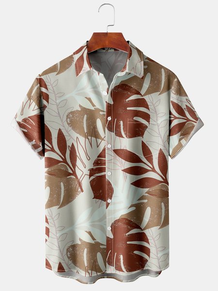 

Men's Vintage Leaf Print Casual Breathable Hawaiian Short Sleeve Shirt, Brown, Men's Floral shirt