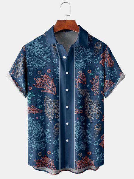 

Men's Ocean Coral Print Casual Breathable Hawaiian Short Sleeve Shirt, Blue, Men's Floral shirt