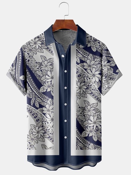 

Mens Retro Floral Print Lapel Loose Short Sleeve Bowling Shirts, White, Men's Floral shirt