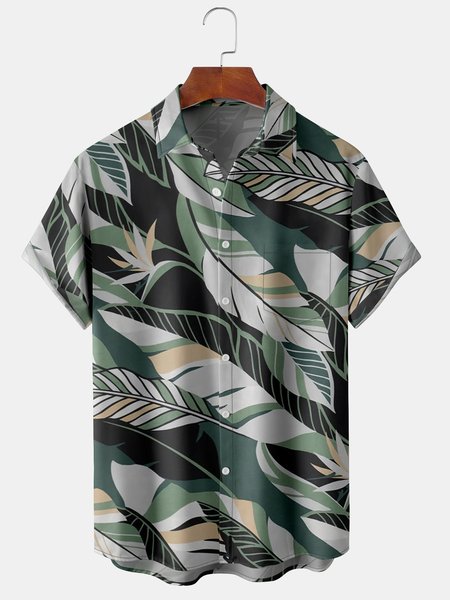 

Mens Retro Leaves Print Lapel Loose Chest Pocket Short Sleeve Funky Hawaiian Shirts, Green, Men's Floral shirt