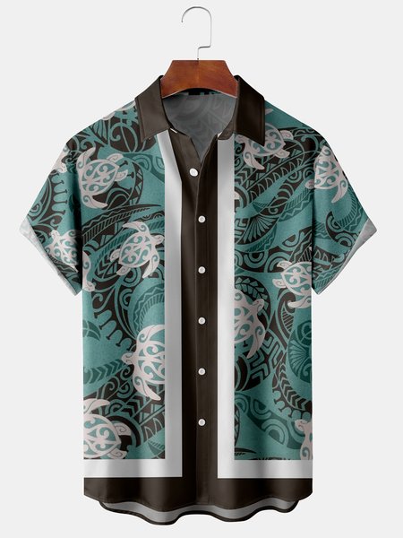 

Mens Retro Hawaiian Sea Turtles Print Lapel Loose Chest Pocket Short Sleeve Funky Bowling Shirts, Green, Men's Floral shirt