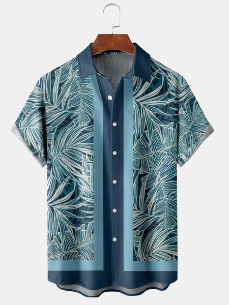 

Mens Retro Palm Leaf Print Lapel Loose Short Sleeve Funky Hawaiian Bowling Shirts, Blue, Men's Floral shirt