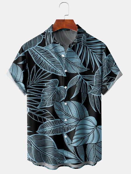 

Mens Leaves Print Lapel Loose Chest Pocket Short Sleeve Funky Hawaiian Shirts, Black, Men's Floral shirt