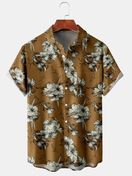 

Men's Vintage Floral Print Casual Breathable Hawaiian Short Sleeve Shirt, Yellow brown, Men's Floral shirt