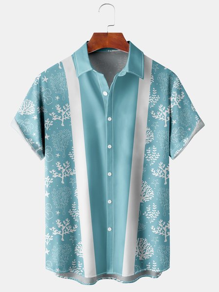 

Men's Ocean Coral Print Casual Breathable Hawaiian Short Sleeve Shirt, Cyan, Men's Floral shirt