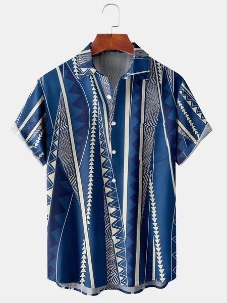 

Mens Retro Geo Print Lapel Loose Chest Pocket Short Sleeve Funky Shirts, Blue, Men's Floral shirt