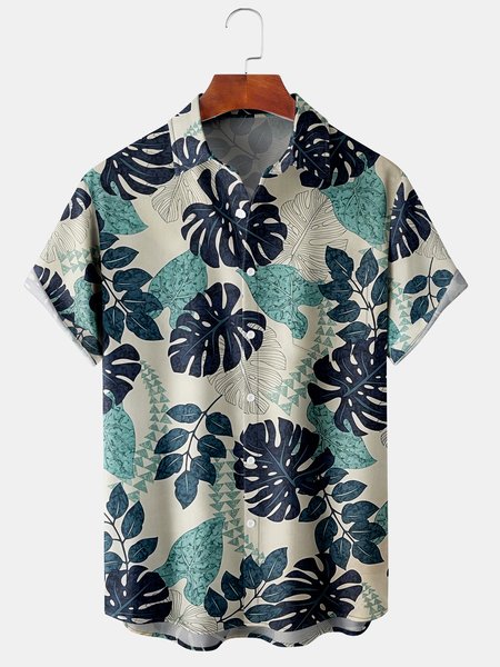 

Mens Monstera Deliciosa Print Lapel Loose Chest Pocket Short Sleeve Aloha Shirts, Khaki, Men's Floral shirt