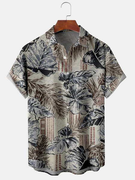 

Mens Retro Leaves Print Lapel Loose Chest Pocket Short Sleeve Funky Hawaiian Shirts, Khaki, Men's Floral shirt