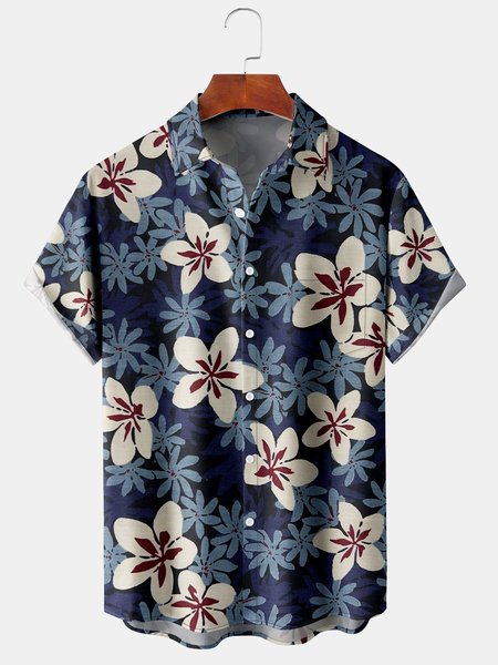 

Mens Retro Floral Print Lapel Loose Chest Pocket Short Sleeve Funky Hawaiian Shirt, Navy blue, Short Sleeve Shirts