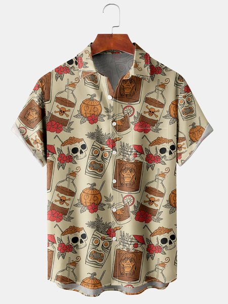 

Mens Retro Drink TIKI Skull Print Short Sleeve Shirt Casual Hawaiian Aloha Shirt, Yellow, Short Sleeve Shirts