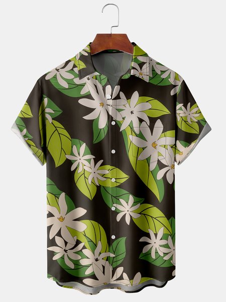 

Mens Floral Leaves Print Lapel Loose Chest Pocket Short Sleeve Funky Hawaiian Shirts, Green, Men's Floral shirt