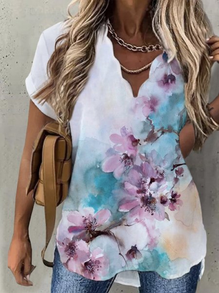 

Casual Floral V Neck Short Sleeve Floral Tops, Multicolor, Tops