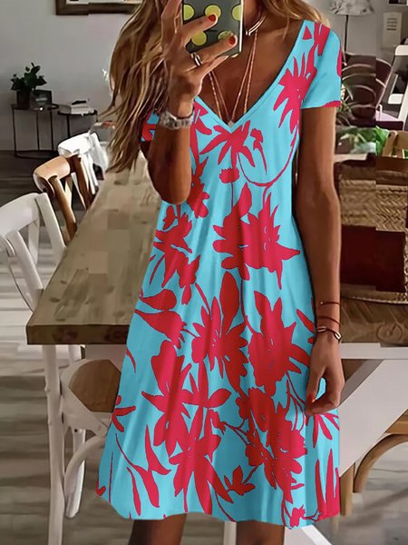 

Floral Short Sleeve V Neck Plus Size Casual Dresses, Red-blue, Mini Dresses