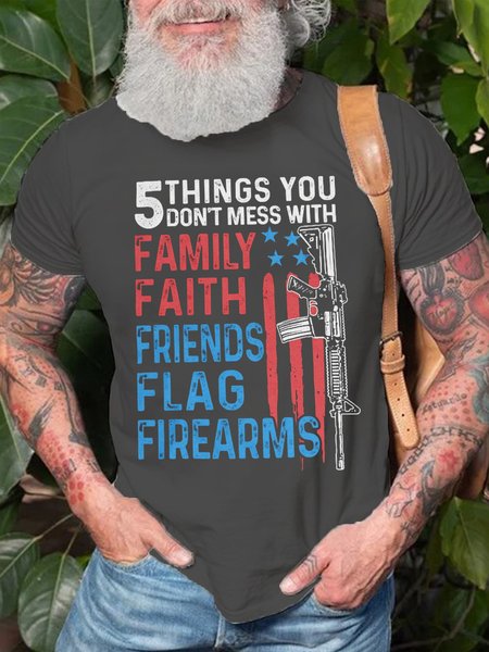 

Women's 5 THINGS YOU DON'T MESS WITH FAMILY FAITH FRIENDS FLAG FIREARMS Round Neck Cotton Casual Short Sleeve T-Shirt, Deep gray, T-shirts