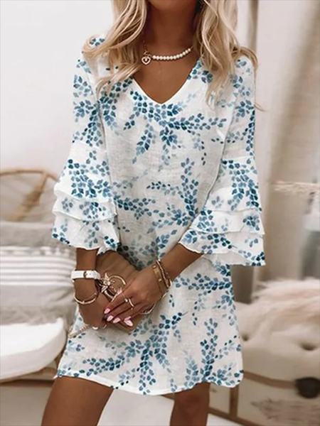 

Leaves Casual V Neck Three Quarter Dress, White, Mini Dresses