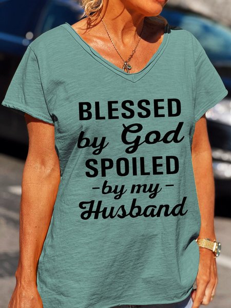 

Blessed By God Spoiled By My Husband Casual Short Sleeve T-Shirt, Green, T-shirts