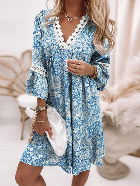 

V Neck Loosen Floral Short Sleeve Woven Dress, Blue, Mini Dresses
