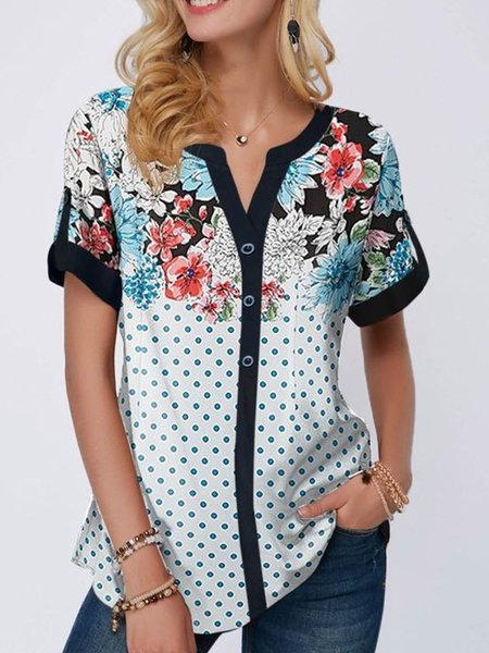

Loosen Floral Short Sleeve Tops, Multicolor, Tops