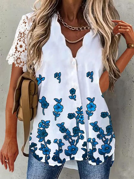

Casual V Neck Short Sleeve Blouse, White, Blouses & Shirts