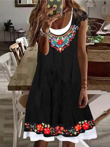

Casual Tribal Lace Short Sleeve Knit Dress, Black, Dresses