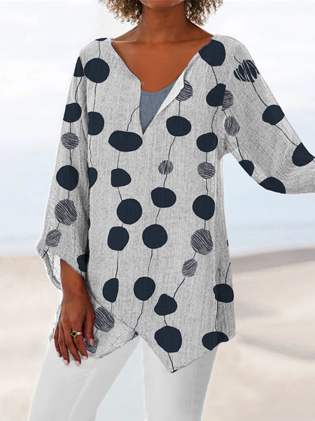 

Loosen Polka Dots Casual 3/4 Sleeve Tops, White-gray, Tops