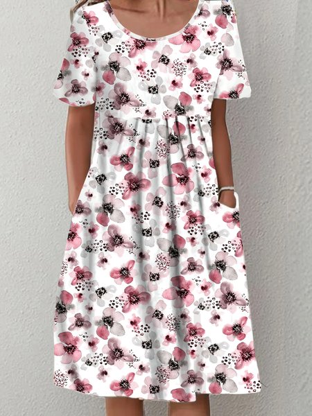 

Buttoned Floral Short Sleeve Woven Dress, Pink, Mini Dresses