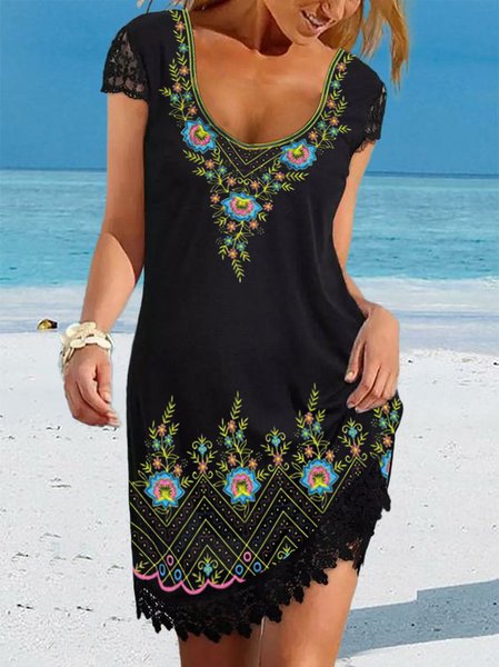 

Casual Tribal U-Neck Short Sleeve Knit Dress, Black, Mini Dresses