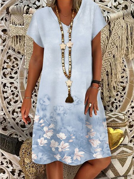 

V Neck Casual Short Sleeve Woven Dress, Blue, Mini Dresses
