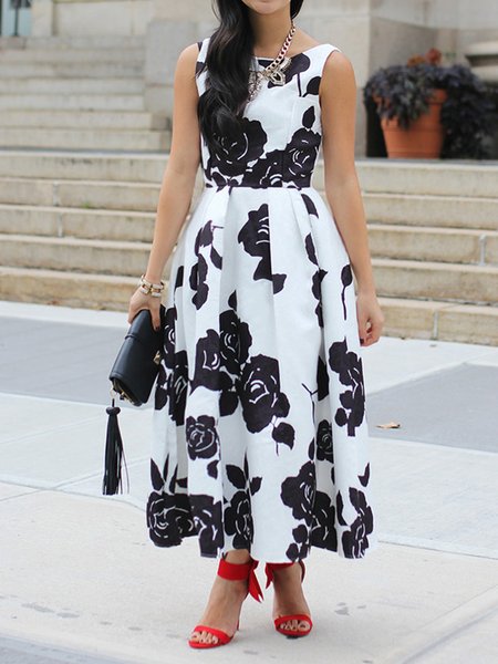 

Regular Fit Crew Neck Elegant Sleeveless Woven Dress, Black, Maxi Dresses