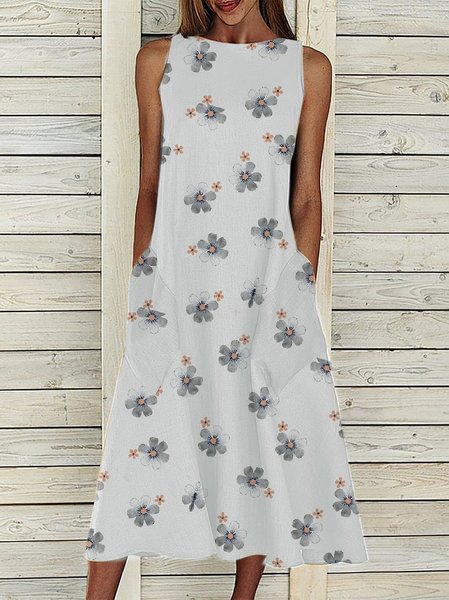 

Cotton Linen Floral Design Casual Dress, White, Dresses