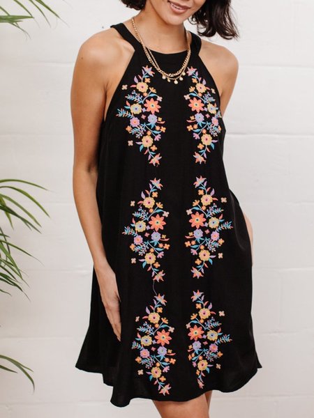 

Loosen Halter Mexico Floral Sleeveless Knitting Dresses, Black, Mini Dresses