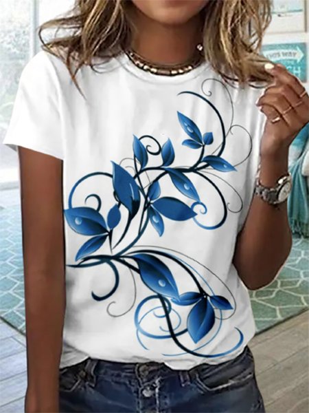 

Floral Short Sleeve Crew Neck Plus Size Casual T-Shirt, White, T-Shirts