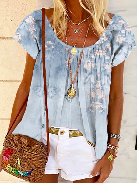 Plus size Floral Casual Short Sleeve Tops, Blue, Tops