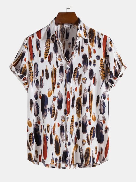 

Cotton Blends Feather Vacation Lapel Short Sleeve Shirt, White, Blouses&Shirts