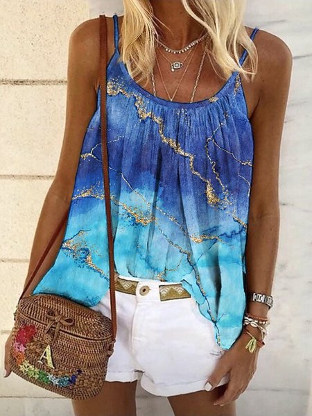 

Casual Printed Spaghetti Woven, Blue, Tank Top