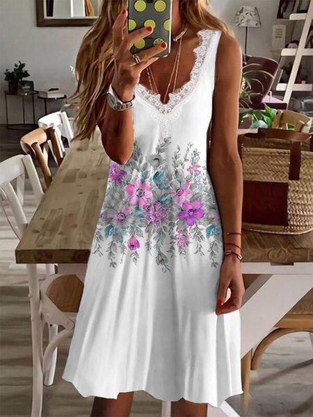

Plus size Casual Floral Sleeveless Dresses, White, Mini Dresses