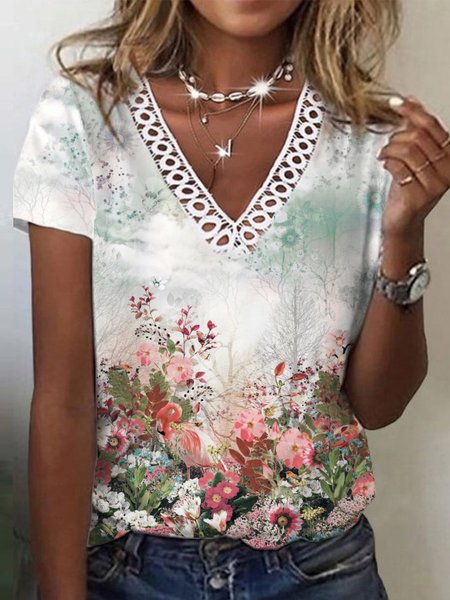 

V Neck Short Sleeve T-Shirt, Flower, T-Shirts