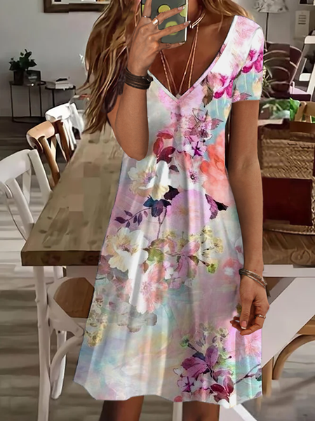 

V Neck Casual Short Sleeve Knit Dress, Multicolor, Mini Dresses