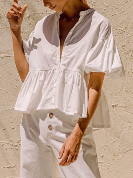 

Summer Lightweight Short sleeve Vacation Loosen Short Sleeve Blouse, White, Blouses and Shirts