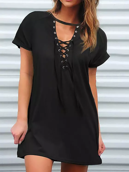 

Casual Vacation Lace Up Hollow Out Short Sleeve Mini Dress, Black, Dresses