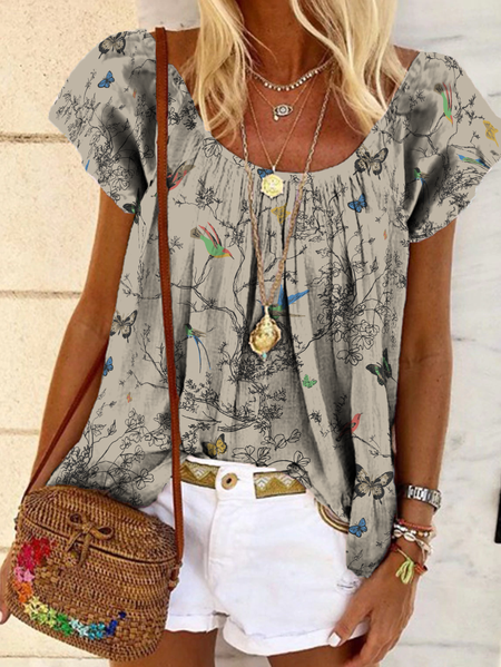 

Floral Bird Scoop Neckline Casual Short Sleeve Tops, Khaki, Shirts & Blouses