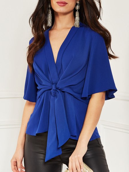 

Cobalt Blue Elegant V Neck Half Sleeve Solid Top, Royal blue, Tops