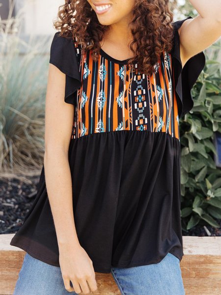 

Tribal Boho Frill Sleeve Short Sleeve Tops, Black, Tunics
