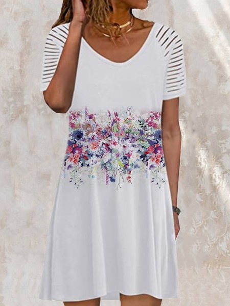 

Cotton Short Sleeve Knit Dress, White, Floral Dresses