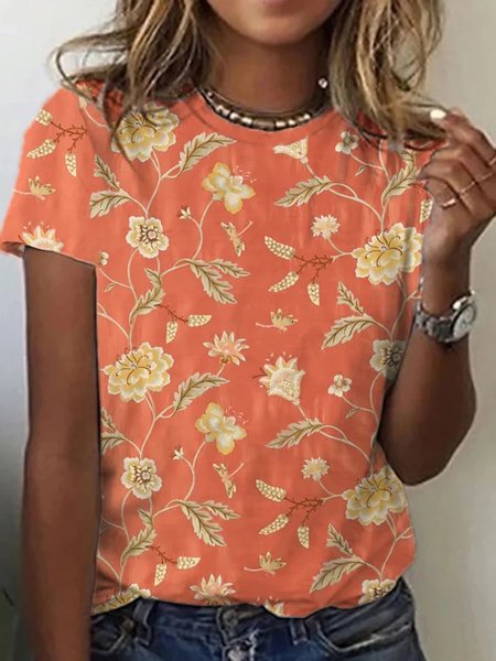 

Floral Round Neck Casual Short Sleeve Loosen T-Shirt, As picture, T-Shirts