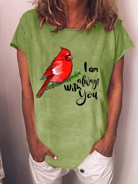 

Red Cardinal I Am Always With You Vacation Crew Neck Cartoon Short Sleeve T-Shirt, Green, T-shirts