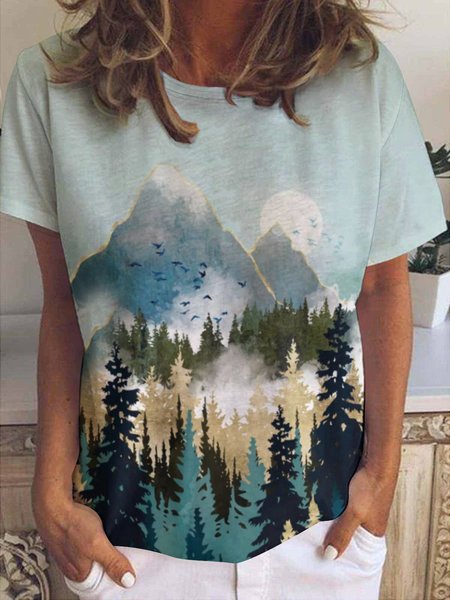 

Casual Simple Landscape Print Crew Neck T-Shirt, As picture, T-shirts