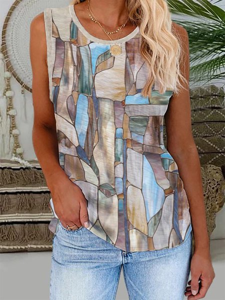 

Geometric Print Casual Tank Top, Khaki, Tanks & Camis