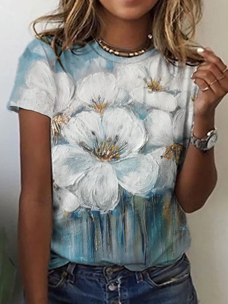 

Round Neck Floral Regular Fit Short Sleeve T-Shirt, Multicolor, T-Shirts