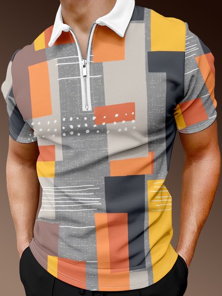 

Casual Art Collection Striped Geometric Color Block Lapel Short Sleeve Polo Print Top, Multicolor, Men's t-shirts